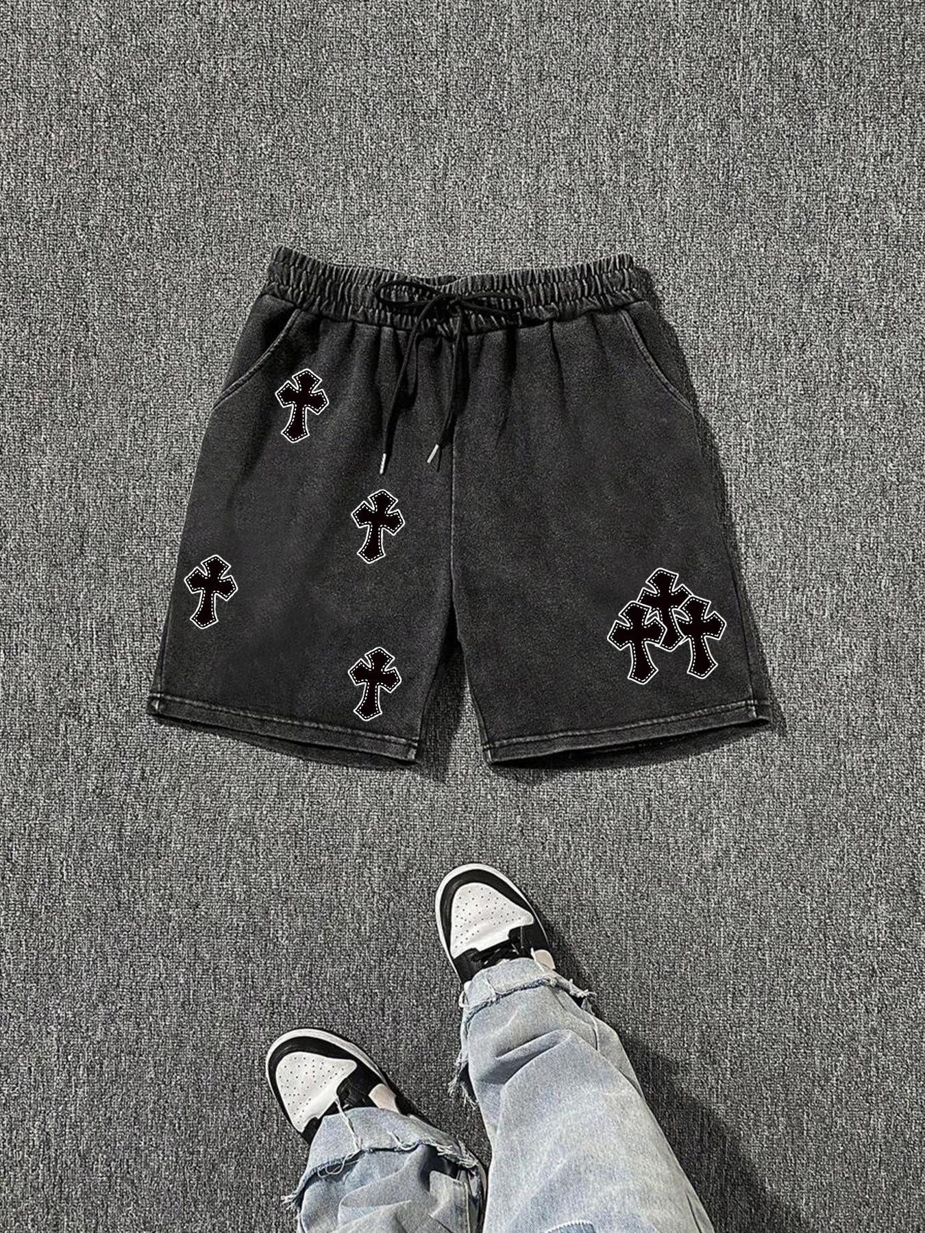 Men's Cross Print Washed Distressed Drawstring Waist Shorts, Loose Casual Street Style Graphic Shorts for Summer, Casual Streetwear Shorts, Men's Bottoms for Daily Wear