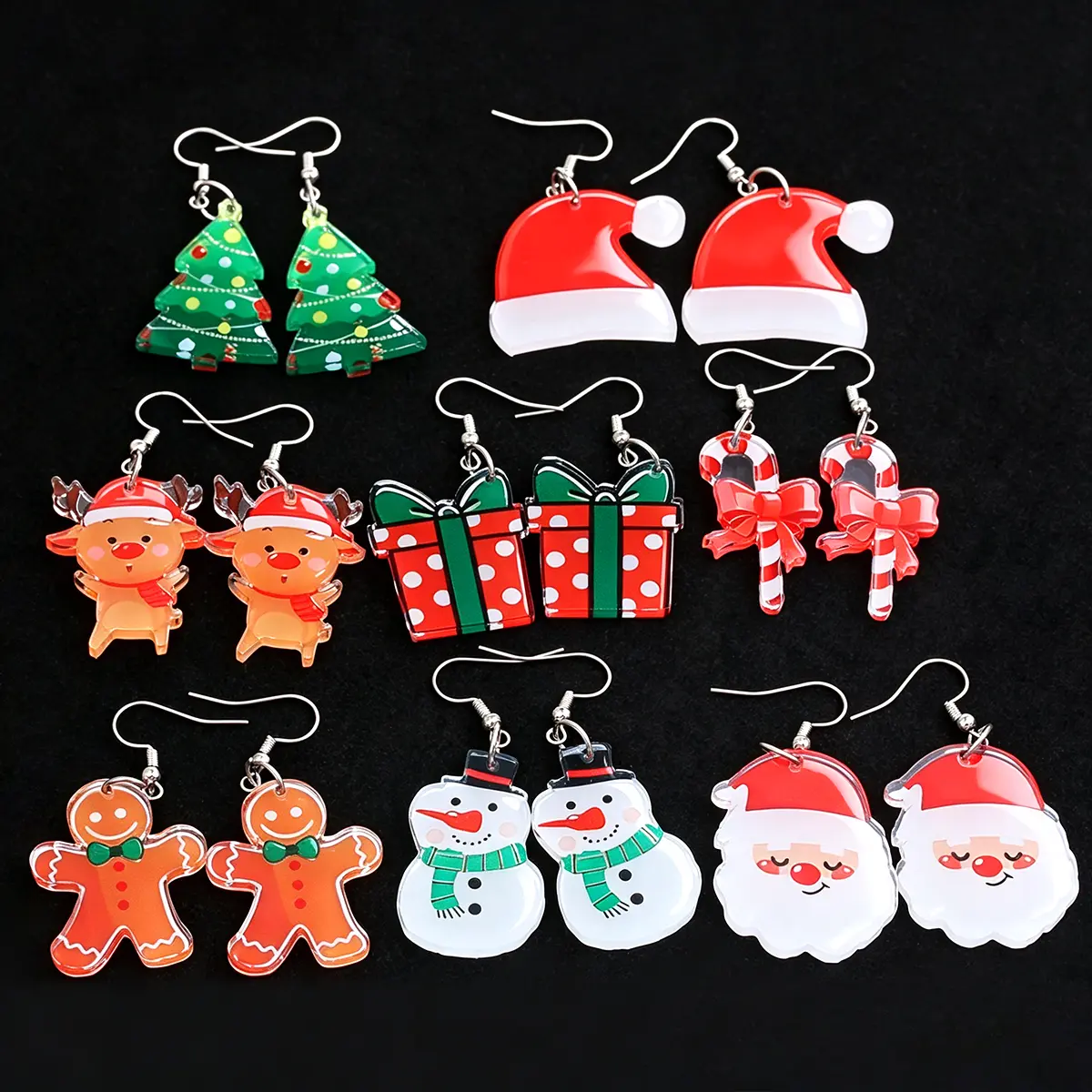 8Pairs/Set Christmas Acrylic Earrings Gingerbread Man Christmas Tree For Women Holiday Jewelry Gift