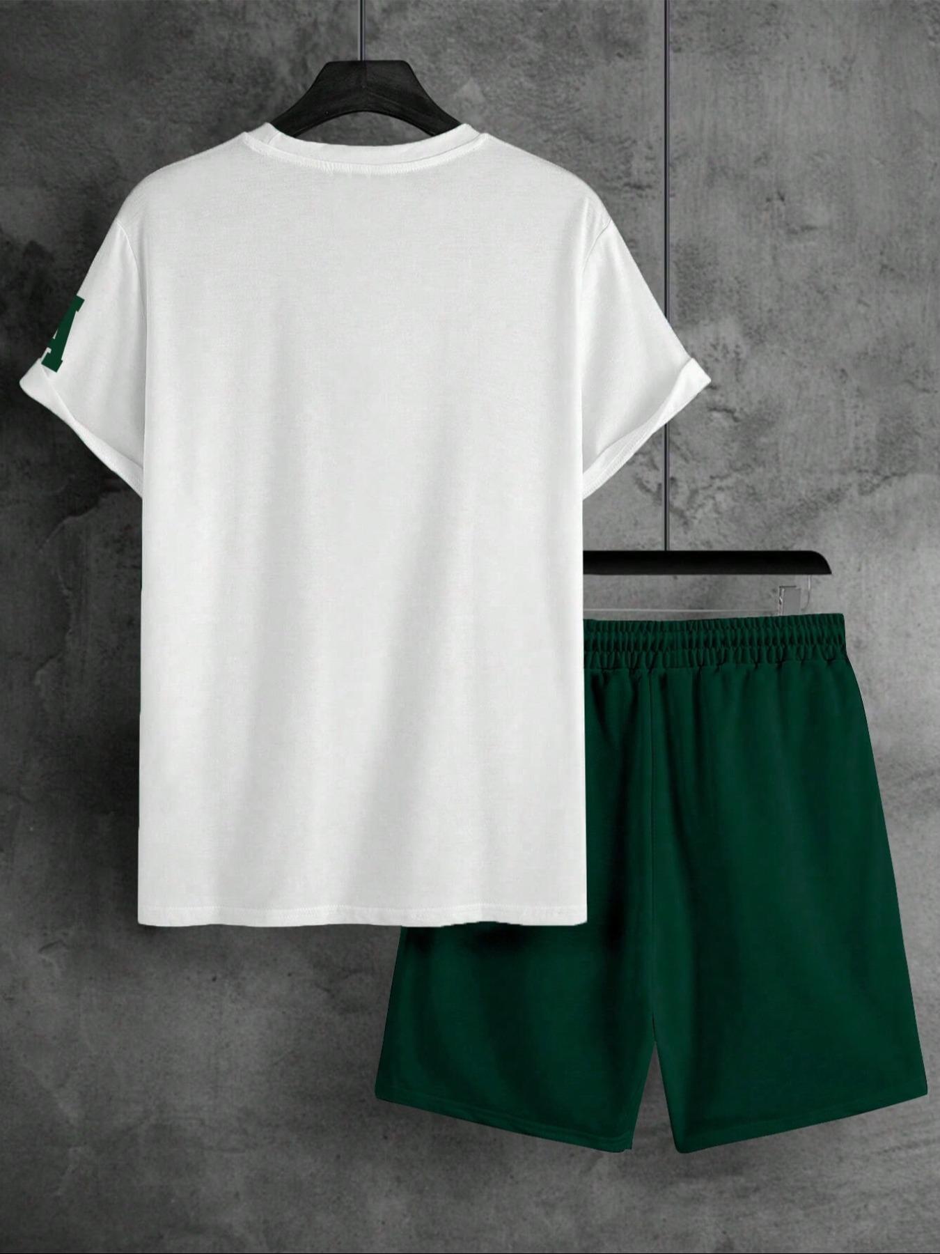 Two-Piece Set Men's Letter Print Short Sleeve Tee & Shorts Set, Regular Fit Casual Round Neck T-shirt & Track Shorts, Men's Summer Clothes, Menswear