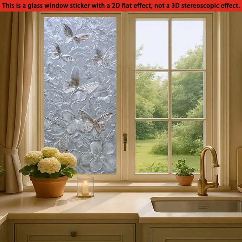 2D Flat, 1pc 2D Flat Gray Silvery Floral Embossed Texture Pattern Static Cling Window Film, PVC Static Adhesive Glass Door and Window Decoration, Removable and Reusable Glass Sticker. 17.7x39.4 Inches (45x100cm), Suitable for Home, Kitchen, Bathroom