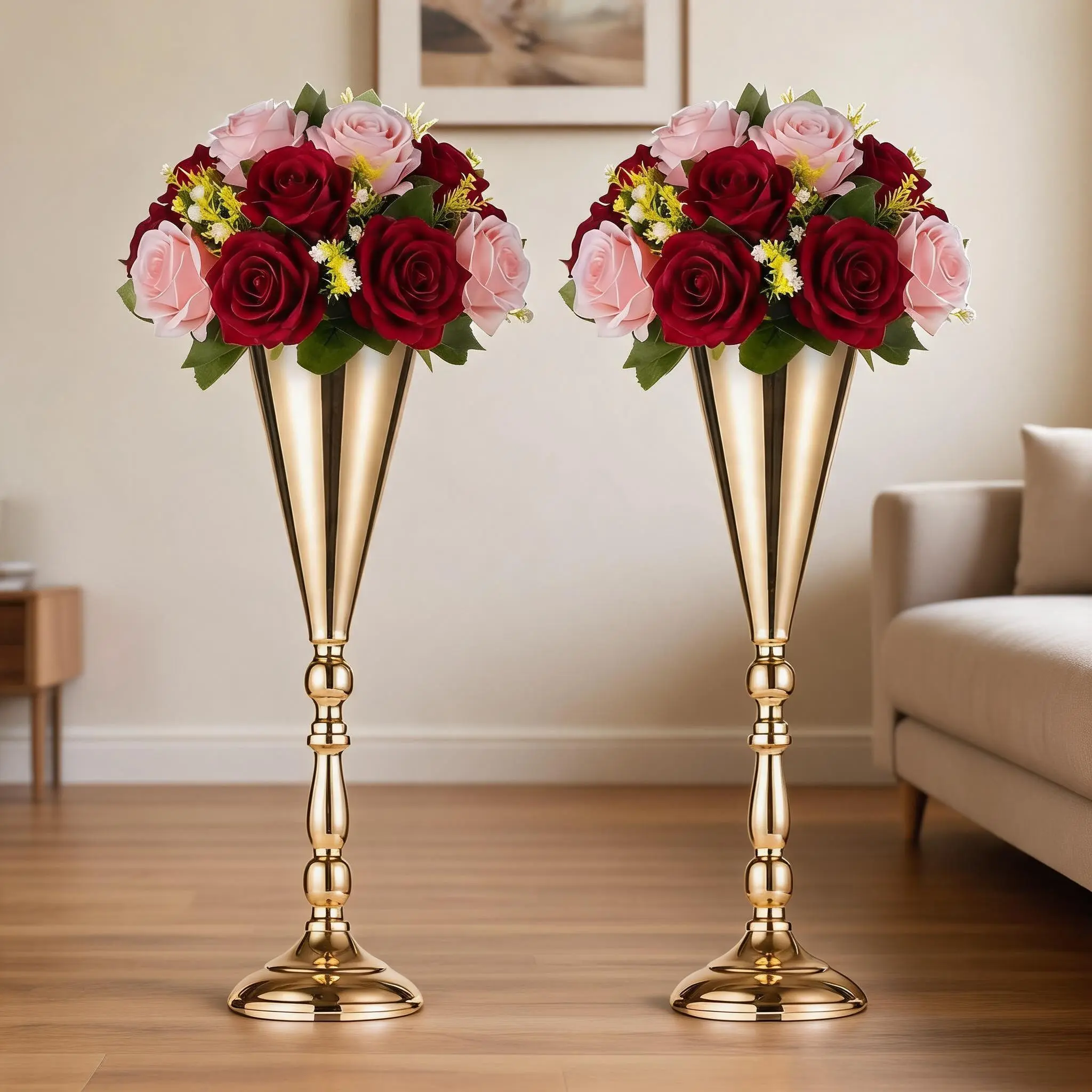 Tall Metal Gold Trumpet Vase, Zinc Alloy Tabletop Centerpiece for Modern Decor, Glossy Gold Plating, Tool-Free Assembly, Fresh/Faux Flowers