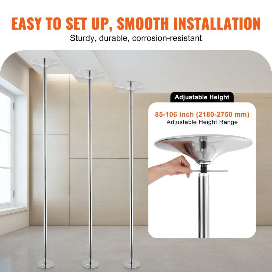 VEVOR Professional Dancing Pole, Spinning Static Dancing Pole Kit, Portable Removable Pole, 45mm Heavy-Duty Stainless Steel Pole, Height Adjustable Fitness Pole, for Exercise Home Club Gym, Silver