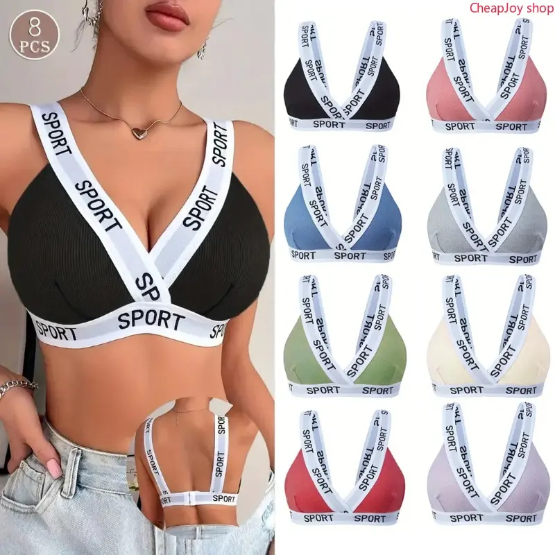8/4pcs French Deep V Back Support Sports Bra, Thin Triangle Cup Wireless Lifting Intimates, Unpadded Figure Flattering Workout Top, Snug Active Lingerie Perfect For Yoga Training, Gym Fitness, Daily Lounging & Casual Low-Cut Outfit Matching