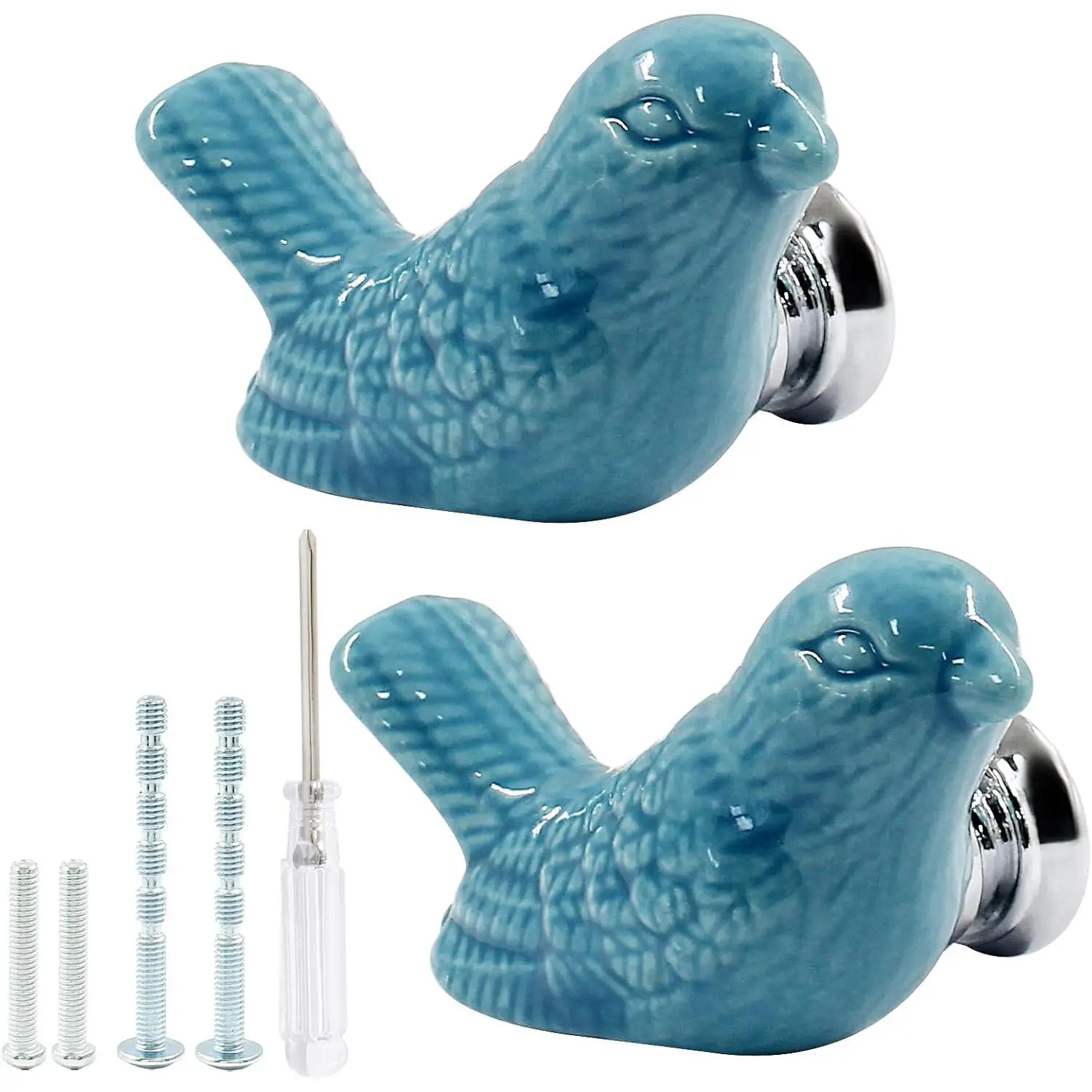 Bird Shape Ceramic Knobs 2 Pack Blue Pulls with Screws | Smooth Glossy Ceramic Finish,  Included For Easy Setup, Fits Dresser Drawer Cupboard Cabinet Doors