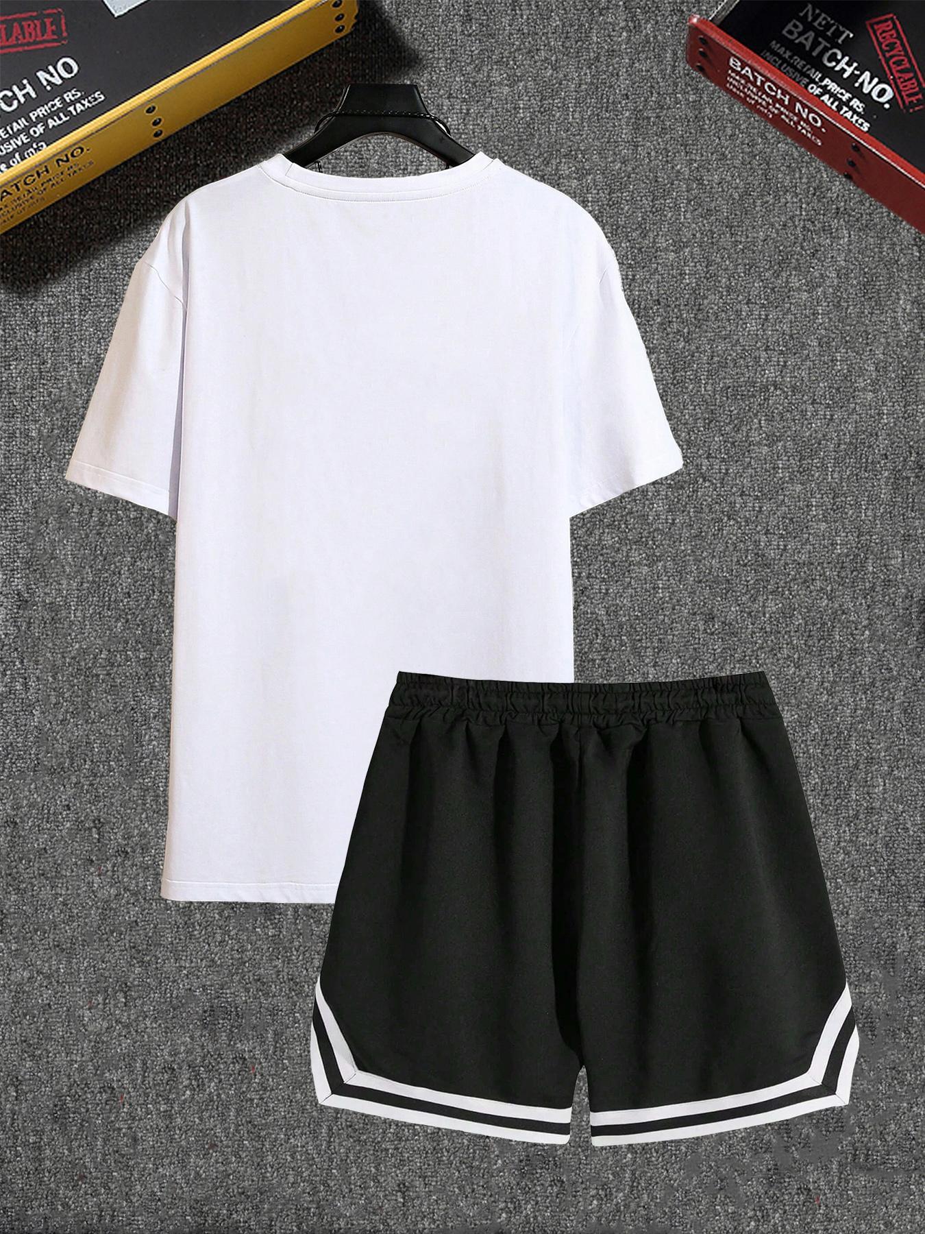 Two Counts Men's Graphic Drawstring Waist Design Two-piece Set, Casual Streetwear Regular Fit Short Sleeve Round Neck T-shirt & Pocket Shorts, Summer Outfits, Men's Clothes for Daily Wear, Clothing