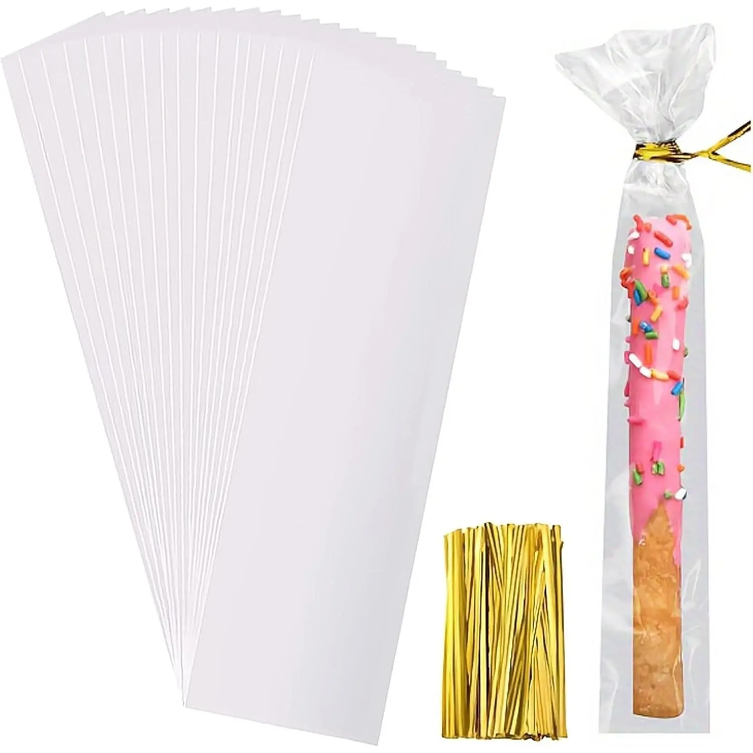 200 count Pretzel Rod Bags 2x10 Inches, Small Clear Individual Plastic Cello Cellophane  Bags with Twist Ties for  Candies Cookies Candy Packaging Wrapping  Giving Party Favors
