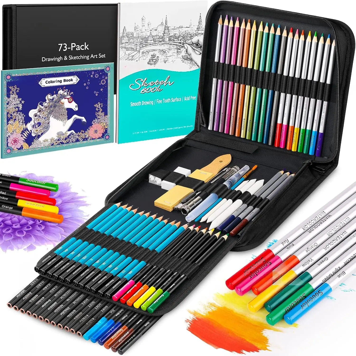 73 count Art Supplies Drawing Kit Sketch Pencils Set Adults  | 73- Art Set Includes Sketch Book, Coloring Book, Graphite Pencils, Watercolor Pencils & Portable Case for Artists
