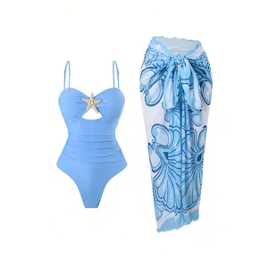 Bathing suits 2026 New Women One Piece Swimsuit with Matching Sarong, Starfish Detail, Adjustable Straps, Ruched Waist, Soft Stretch Beach Vacation Swimwear
