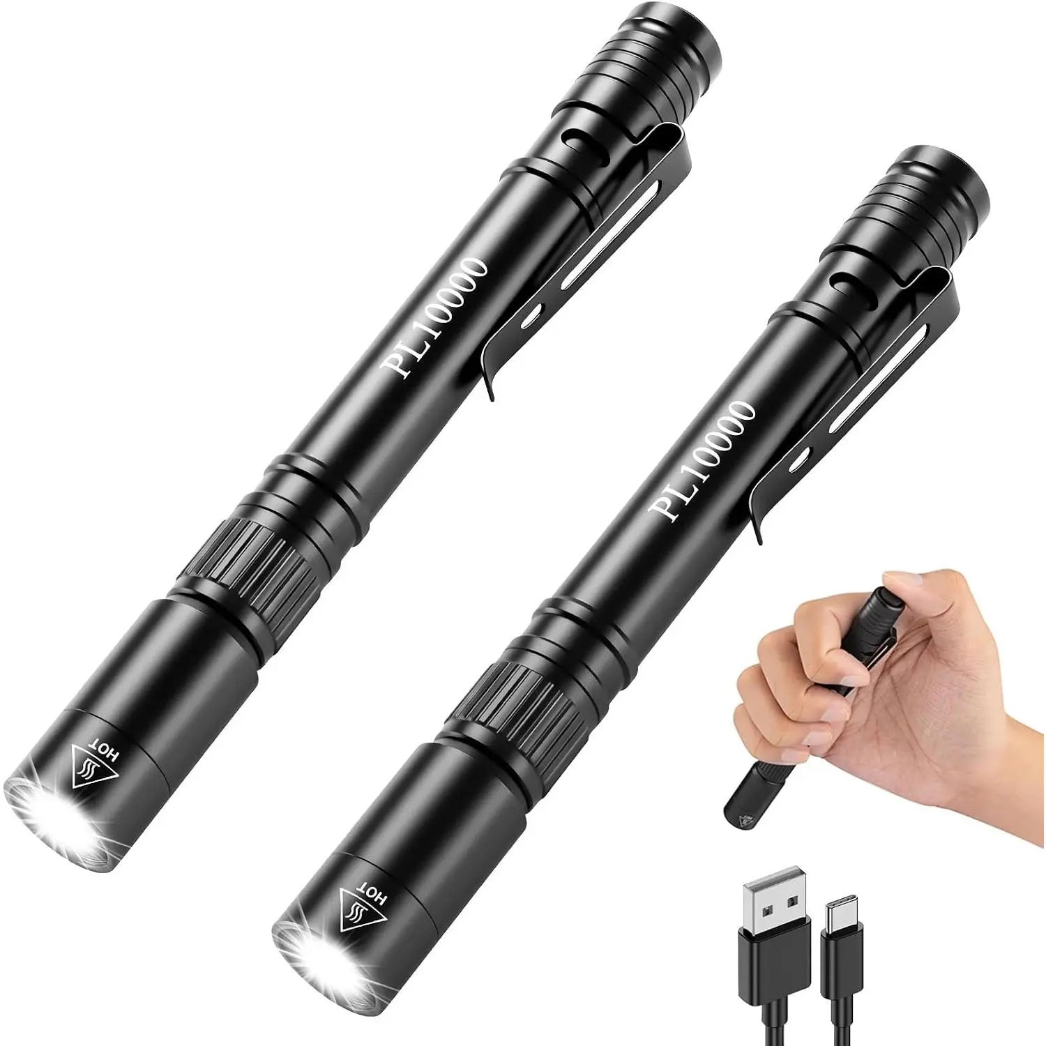 2Pack Rechargeable Pen Light, Pocket Flashlight High Lumens PL10000 |   5Mode Tactical Adjustable Design, 6in Small Size, Aluminum LED Super Bright, 12H Runtime, Waterproof for Emergency Fits 2AAA