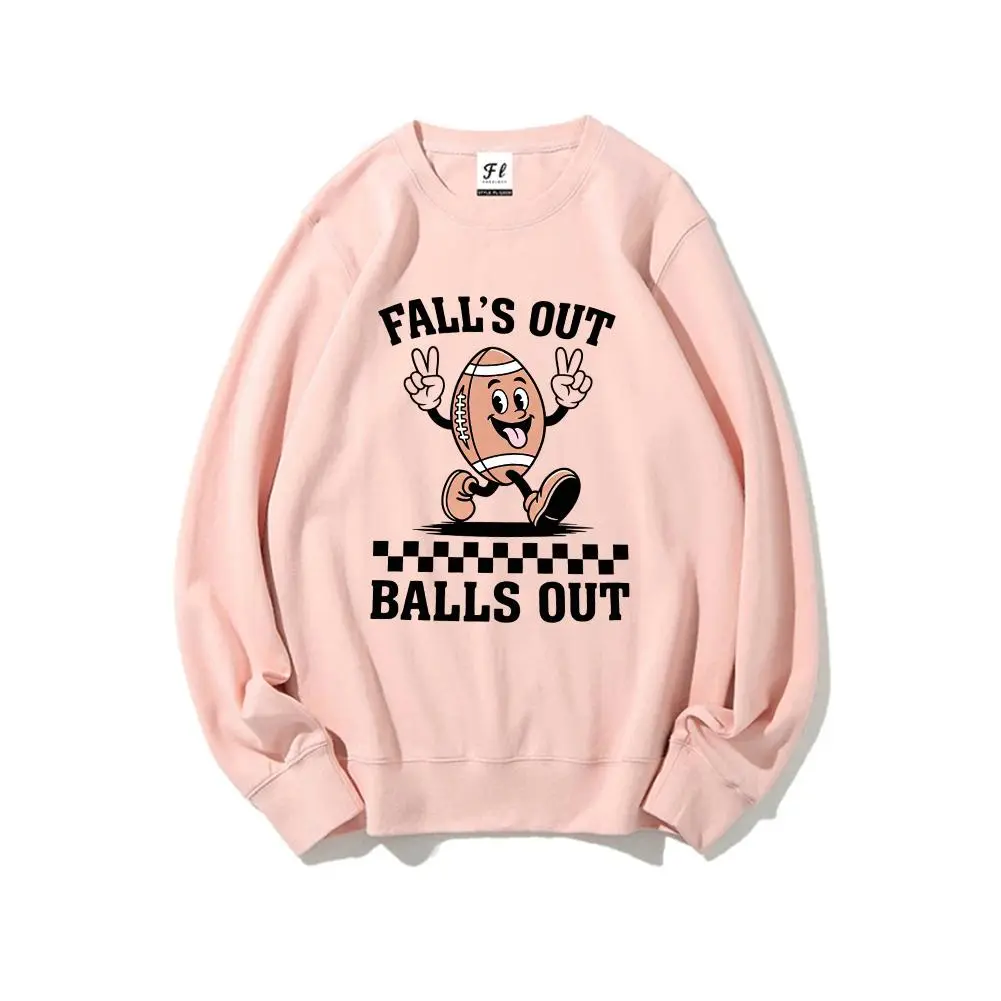 Men's "Fall's Out Balls Out" Graphic Print Crewneck Sweatshirt, Casual Pure Cotton Tops with "Walking & Kicking" Character Design, Machine Washable, Character Crew