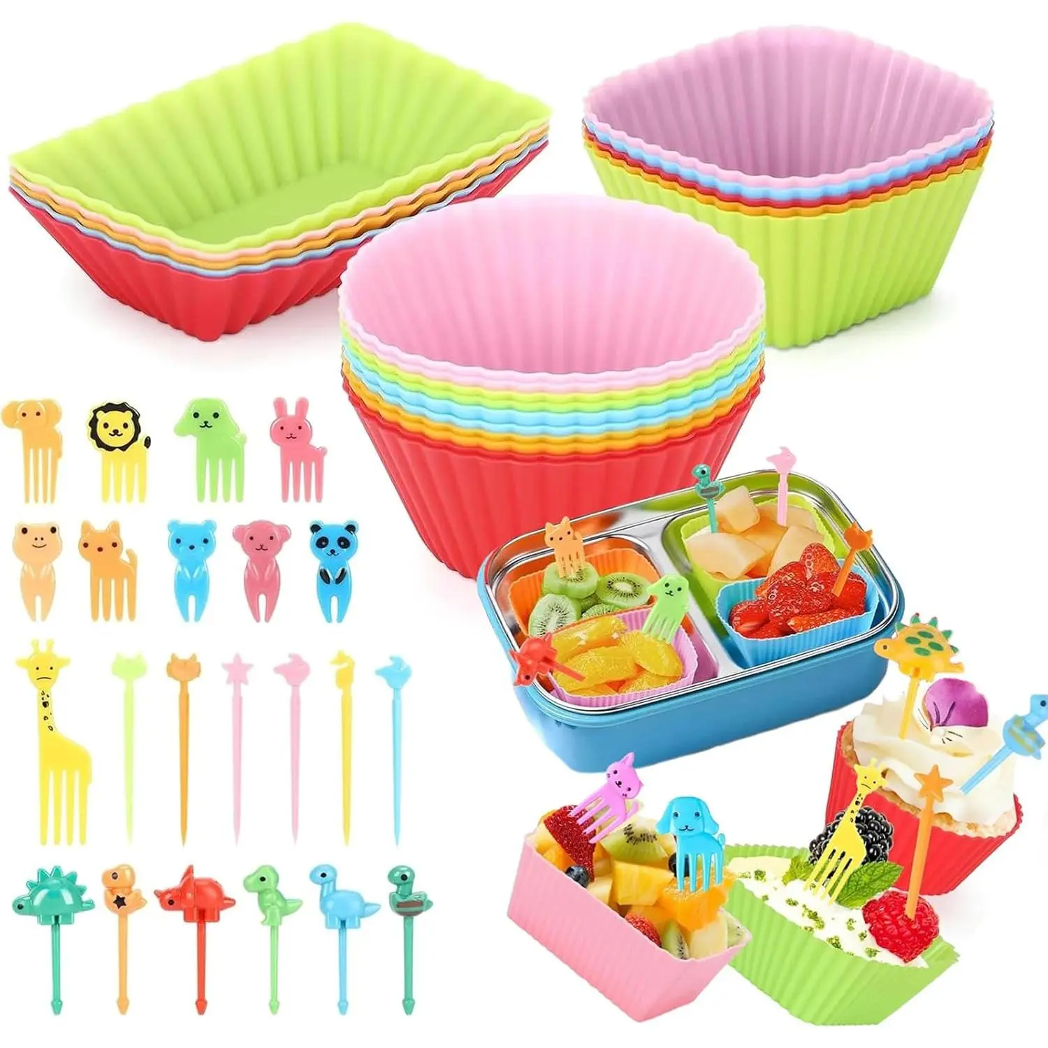 80 count  Lunch Box Dividers Set,  Cupcake Liners for Baking, Colorful Lunch Bento Box Accessories with Cute   Picks (20 Cupcake Liners + 60  Picks)