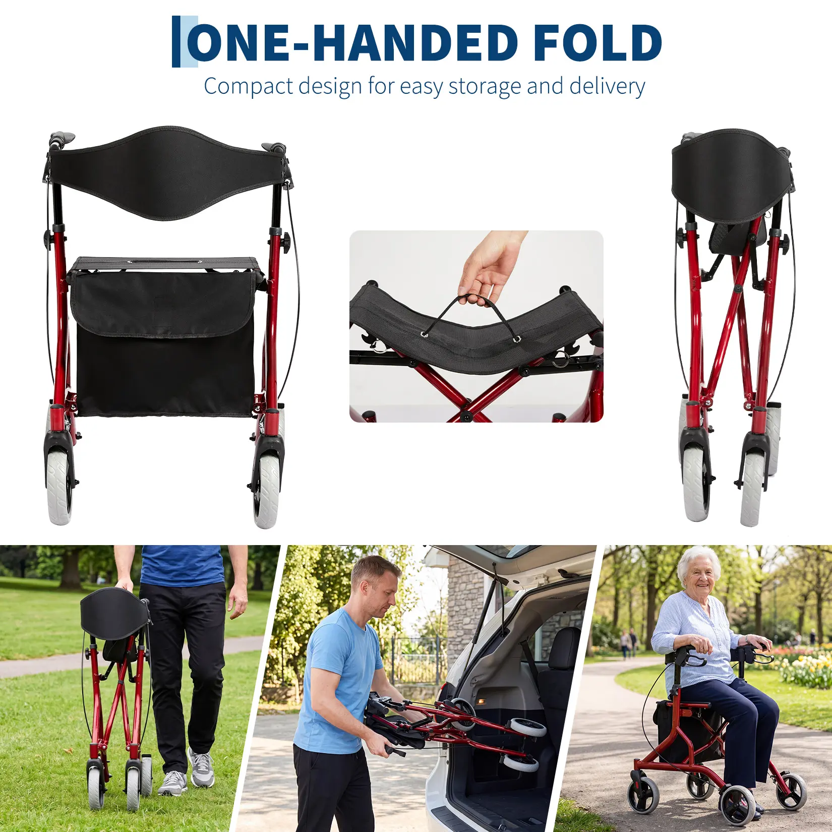All Terrain Rollator Walker for Seniors – 8" Rubber Wheels, Collapsible Lightweight Aluminum Frame, Adjustable Height, Dual Brakes, Wide Seat & Backrest, Detachable Storage Bag, Indoor/Outdoor Mobility Aid