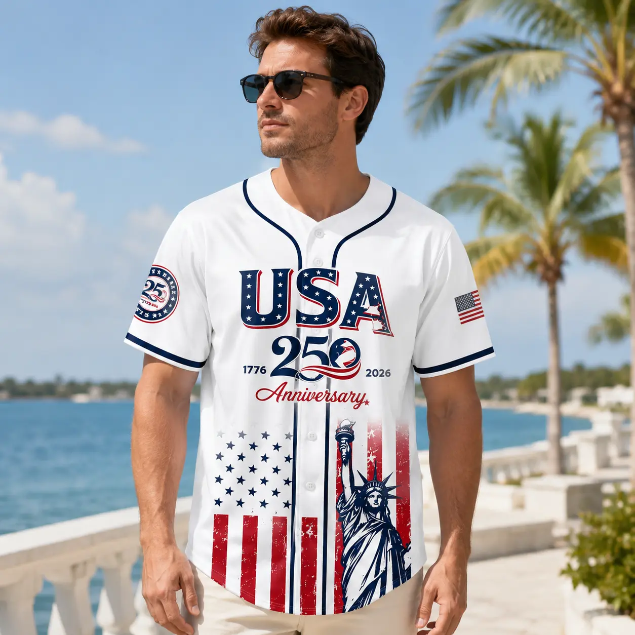 Men's & Women's USA 250th Anniversary Collector Jersey, Vintage Patriotic Soft Cotton Top with Statue Graphic, High-Quality Print, Vivid Colors, 1776-2026 4th of July Shirt, Breathable Casual Fit Stars&Stripes, Patriotic 4Th Style