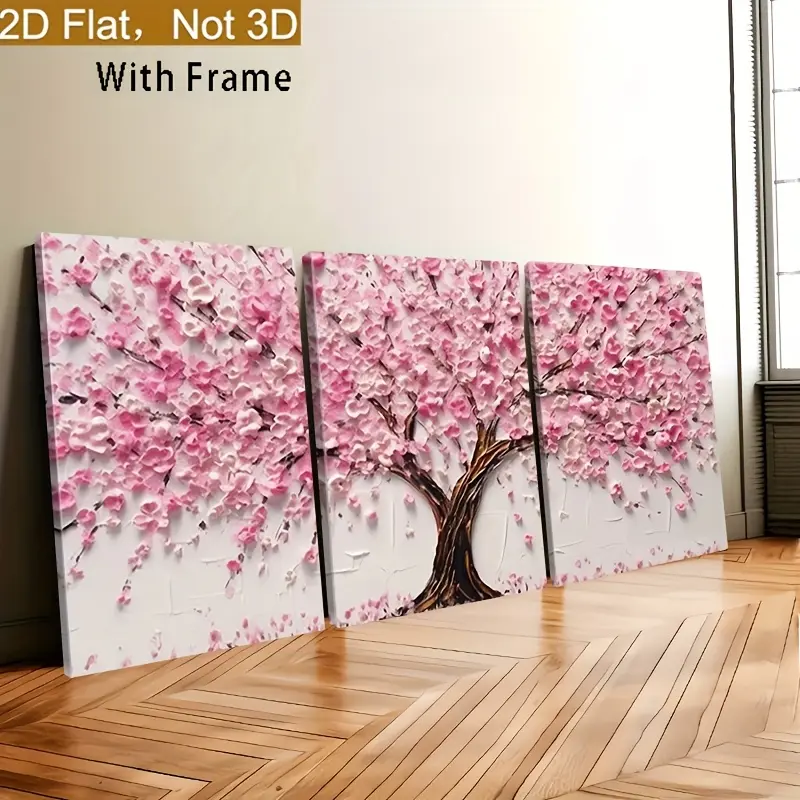 3-Piece Wood-Framed Blush Pink Peach Blossom Canvas Wall Art Paintings, Waterproof Abstract Art Wall Decor, Valentine’s Day Gift for Living Room, Bedroom