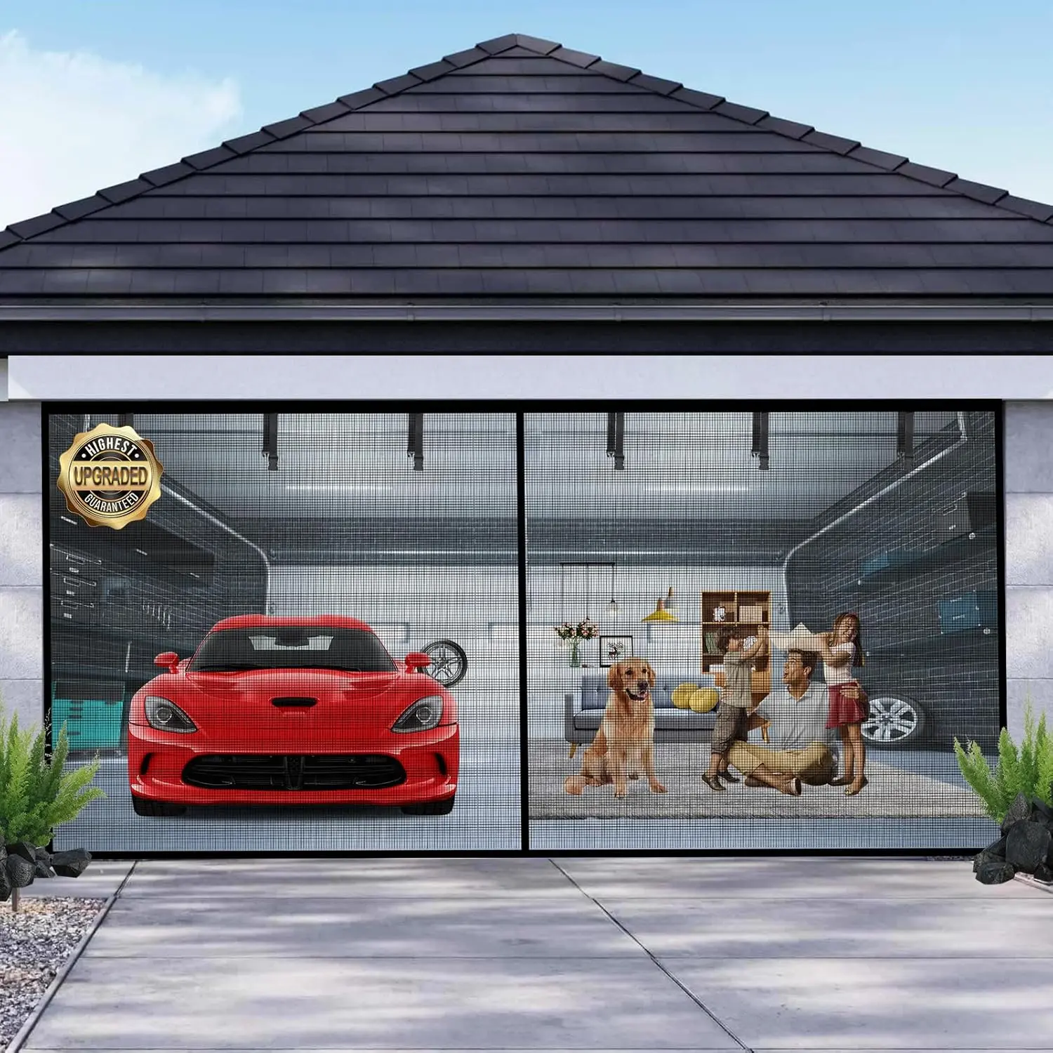 Garage Door Screen for 2 Car Garage 16x7FT Magnetic Screen with Retractable Fiberglass Mesh Heavy Duty Weighted Bottom Easy Assembly & Pass Hands Free Door Screen Kit
