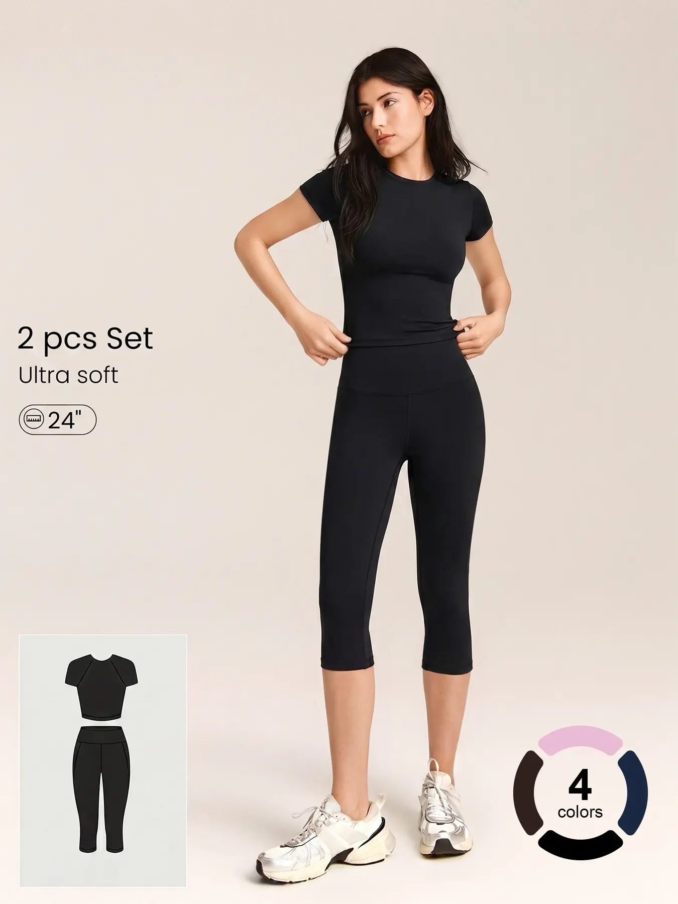New Women's Two-Piece Set: Solid High-Quality T-Shirt with High-Waist Fitted Capri Pants, Breathable Sportswear for Yoga and Gym