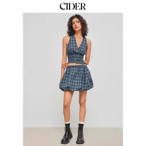 Cider [size 2-10] Mid Rise Check Bubble Hem Mini Skirt