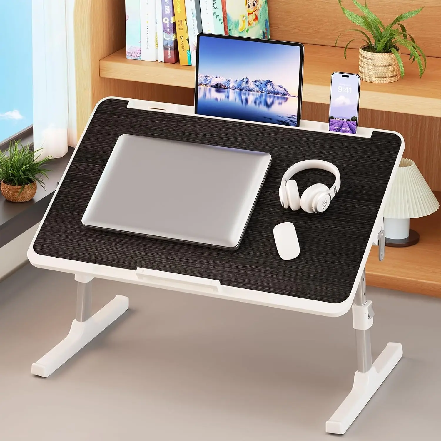 Adjustable Legs Laptop Bed Table Tray - X-Large Leather Foldable Lap Desk for Bed, Sofa with Drawer, 2 Movable Stoppers, Ideal Christmas & New Year Gift for Writing, Eating, Working (Home Organizer Storage Rack)
