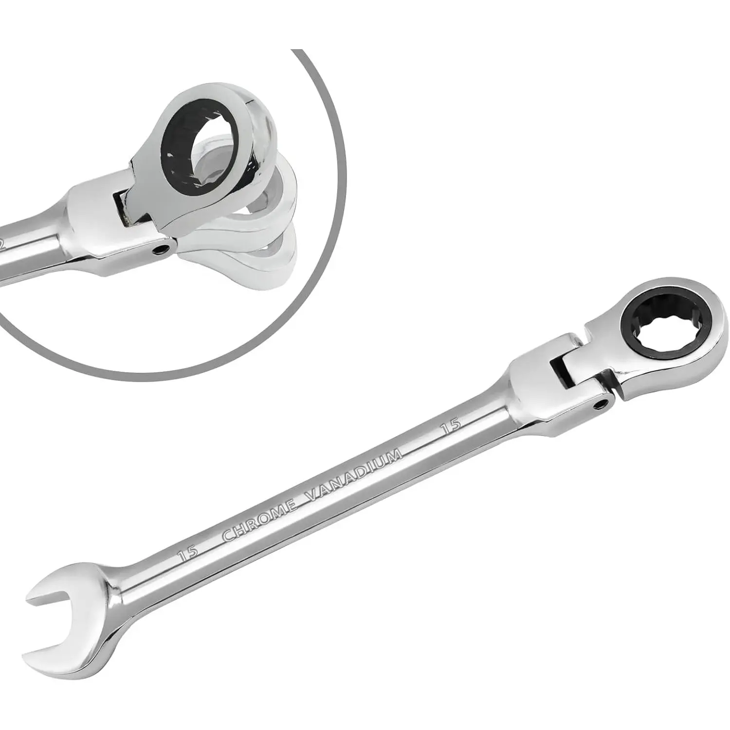 15mm Flex  Ratchet Wrench, 12 Point Chrome Vanadium Steel Combination Spanner with 72  Ratcheting Gear, Metric Industrial Grade Tool for Automotive and Mechanical Maintenance