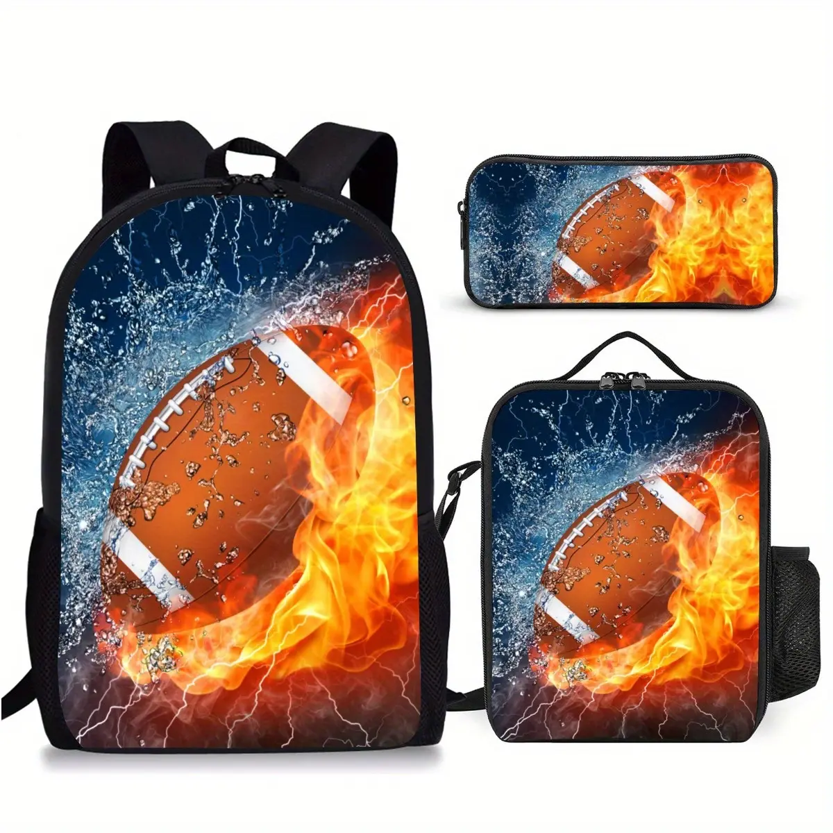 Fire and Ice Football 3 Piece Backpack Set for Kids and Teens, American Football School Bookbag with Matching Lunch Bag and Pencil Case, Sports Travel Daypack, Back to School Gift, Team Sports Gift
