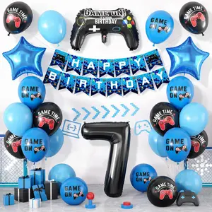 7th Video Game Birthday Decorations for Boys, Blue Black Party Decoration with Game Print Balloons Controller Foil Balloons Number 6 Balloon Happy Birthday Banner for 7th Boys Party Decor