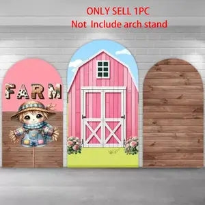 Scarecrow Pink Barn Arch Covers Stretchy Backdrop – Rustic Wood Farm Design, Perfect for Girls’ Farm Theme Birthday & Barnyard Party Photo Backdrop, Party Backdrop Decoration