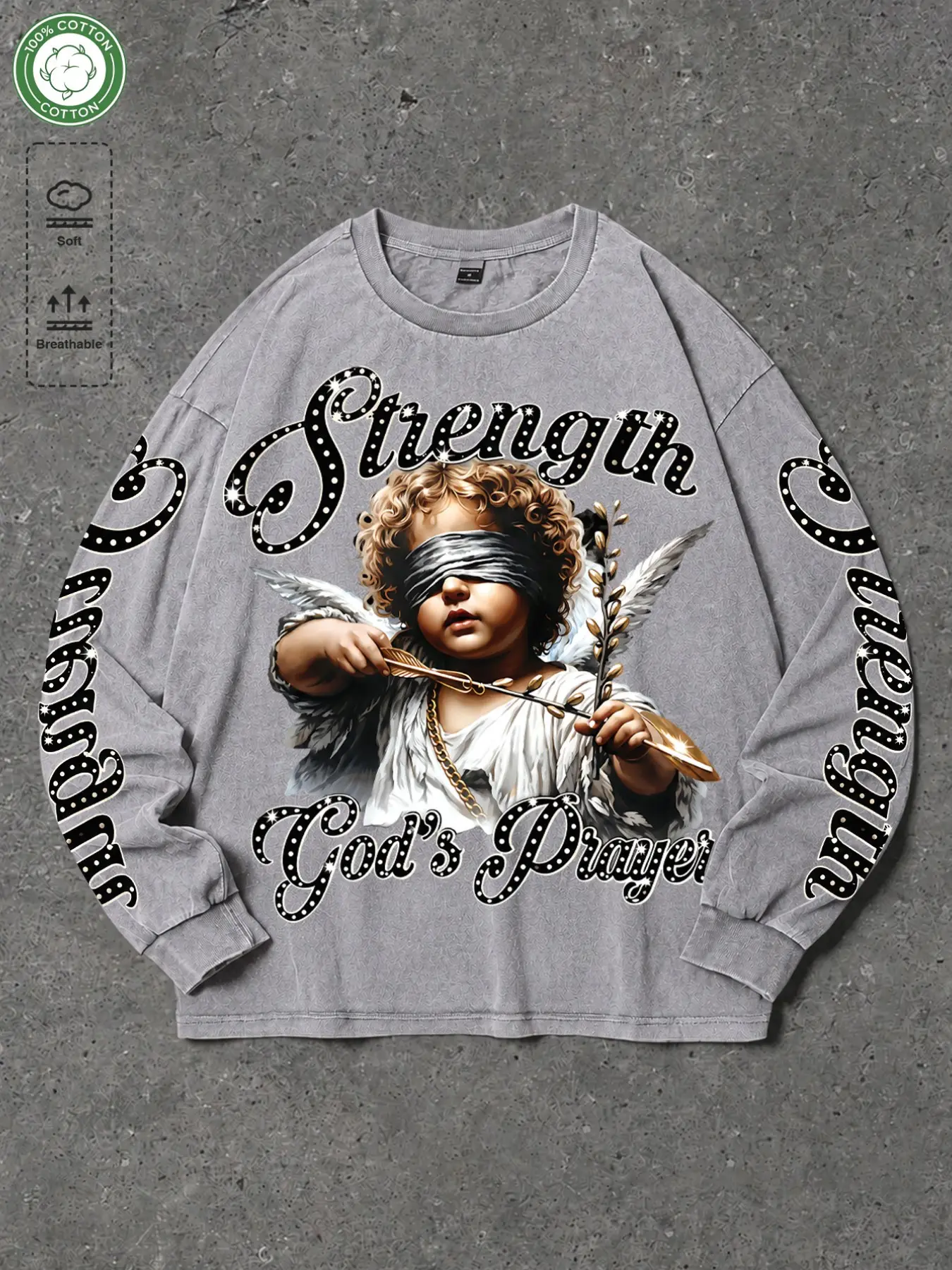 Y2K Vintage Acid Wash Long Sleeve T-Shirt Men Women, Oversized 100% Cotton Heavyweight Streetwear Top with Rhinestone Blindfolded Angel Graphic & Sleeve Letter Print
