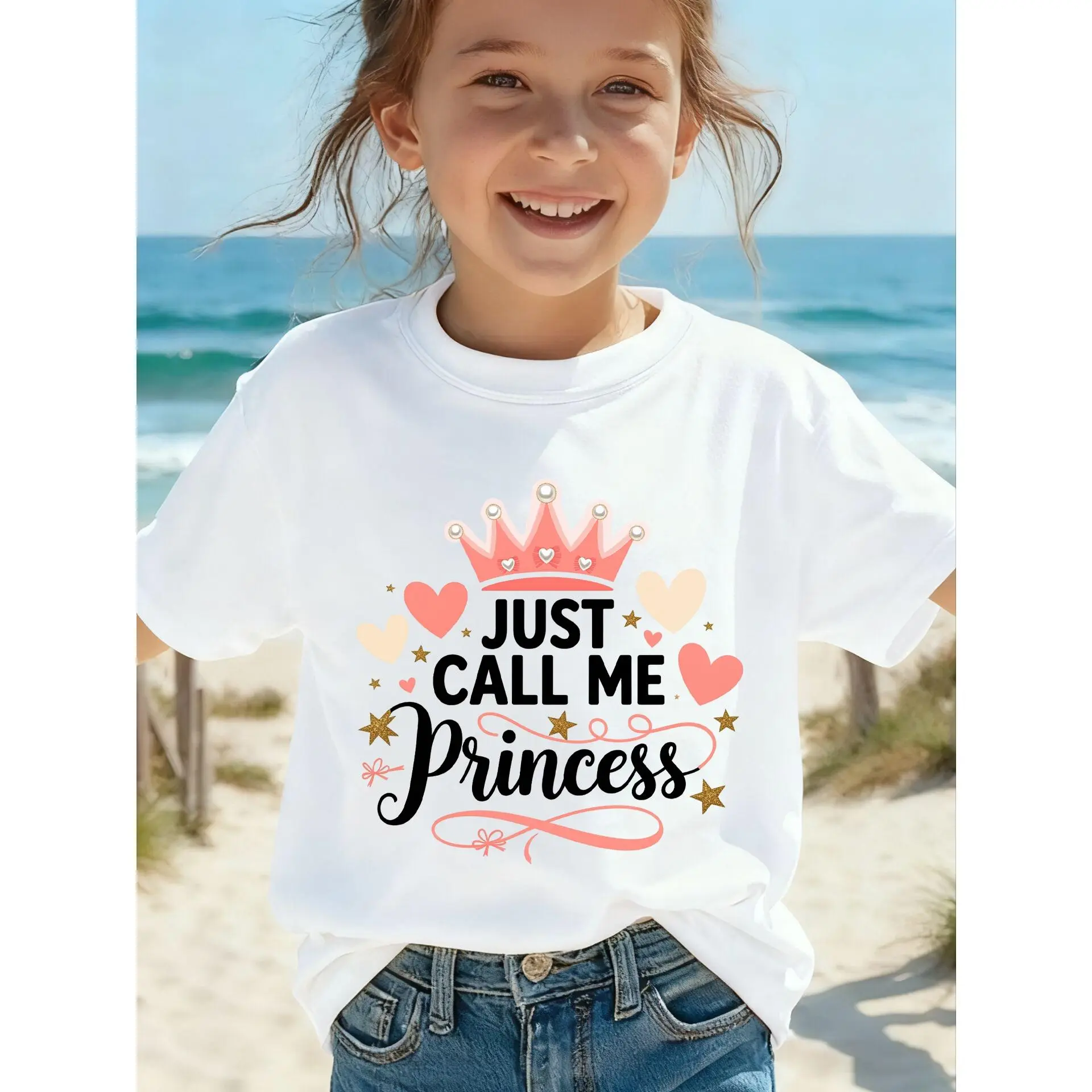 [Girls' Crown T-Shirt] Girls' Crown Letter T-Shirt - Super Cute Kawaii O-Neck Short Sleeve Daily Casual Homewear - Summer Holiday Party Birthday Gift