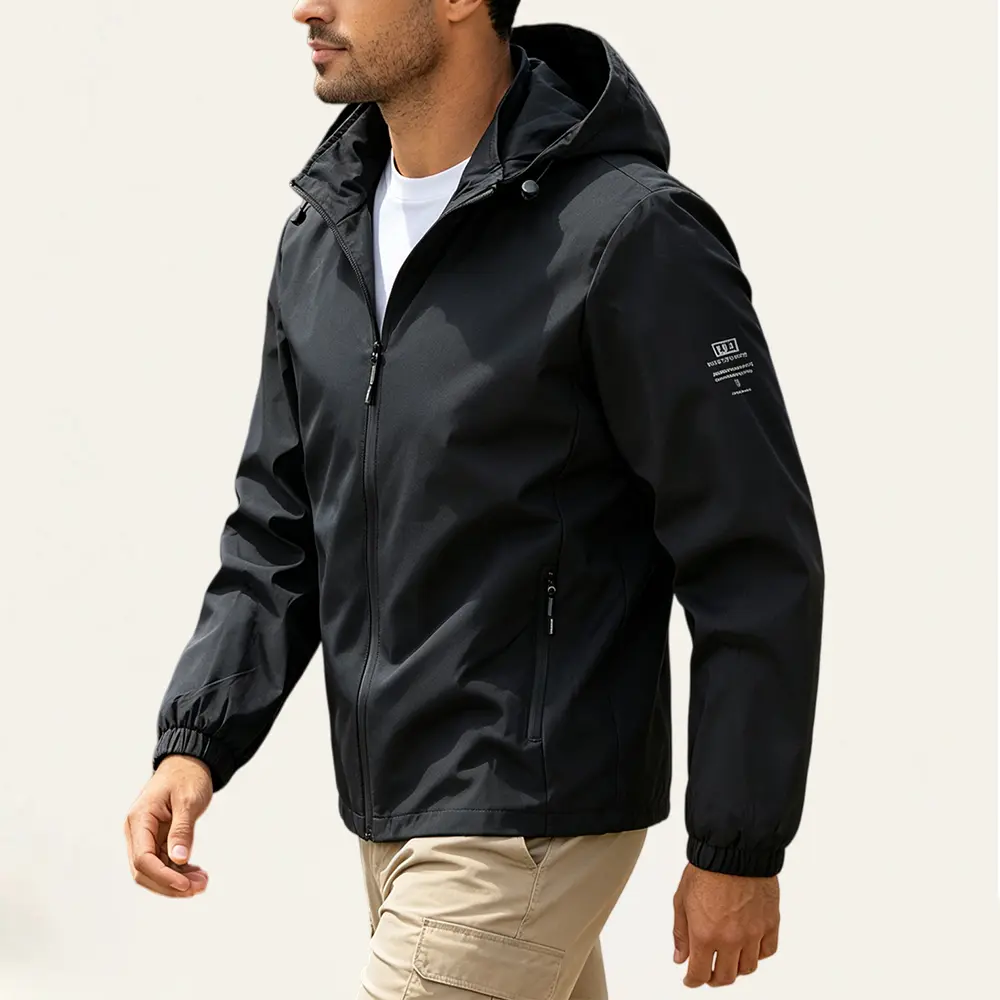 Men's Black Polyester Pull-On Adjustable Drawstring-Hooded Softshell Jacket - Wind-Resistant, Waterproof, Elastic Cuffs, Zipper-Sealed Side Pockets, Sleeve Woven Label Decoration - Casual Outdoor Hiking Commuting Outerwear