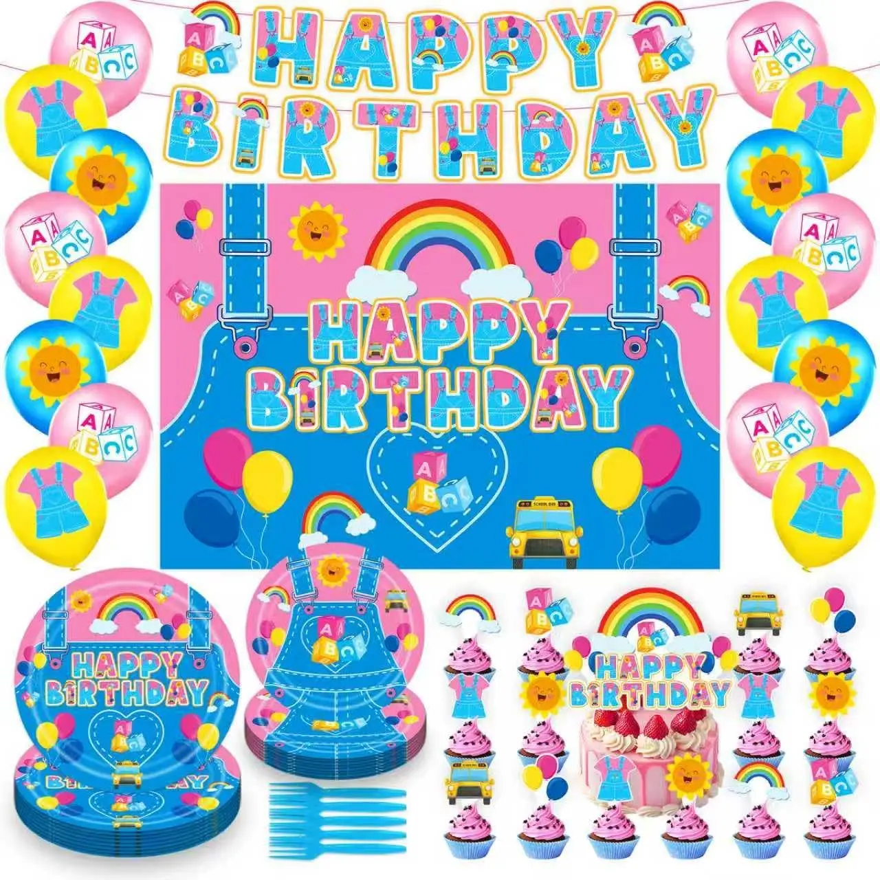 English Teacher Party Supplies, Girls Birthday Decoration Set with Cartoon Teacher Paper Plates, Banner, Balloons, Backdrop, Cupcake Toppers for Baby Shower