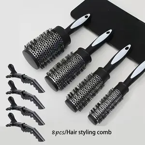 8pcs Hair Styling Tools, Nylon Brush Round Curling Comb, Heat Conductive Aluminum Tube Comb, Bangs Hair Tool, Easy Section Clips