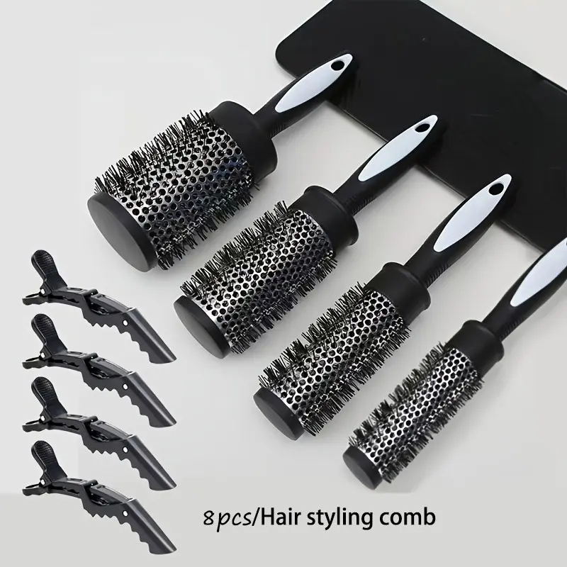 8pcs Hair Styling Tools, Nylon Hair Brushes Round Curling Comb, Heat Conductive Aluminum Tube Comb, Bangs Hair Tool, Easy Section Clips