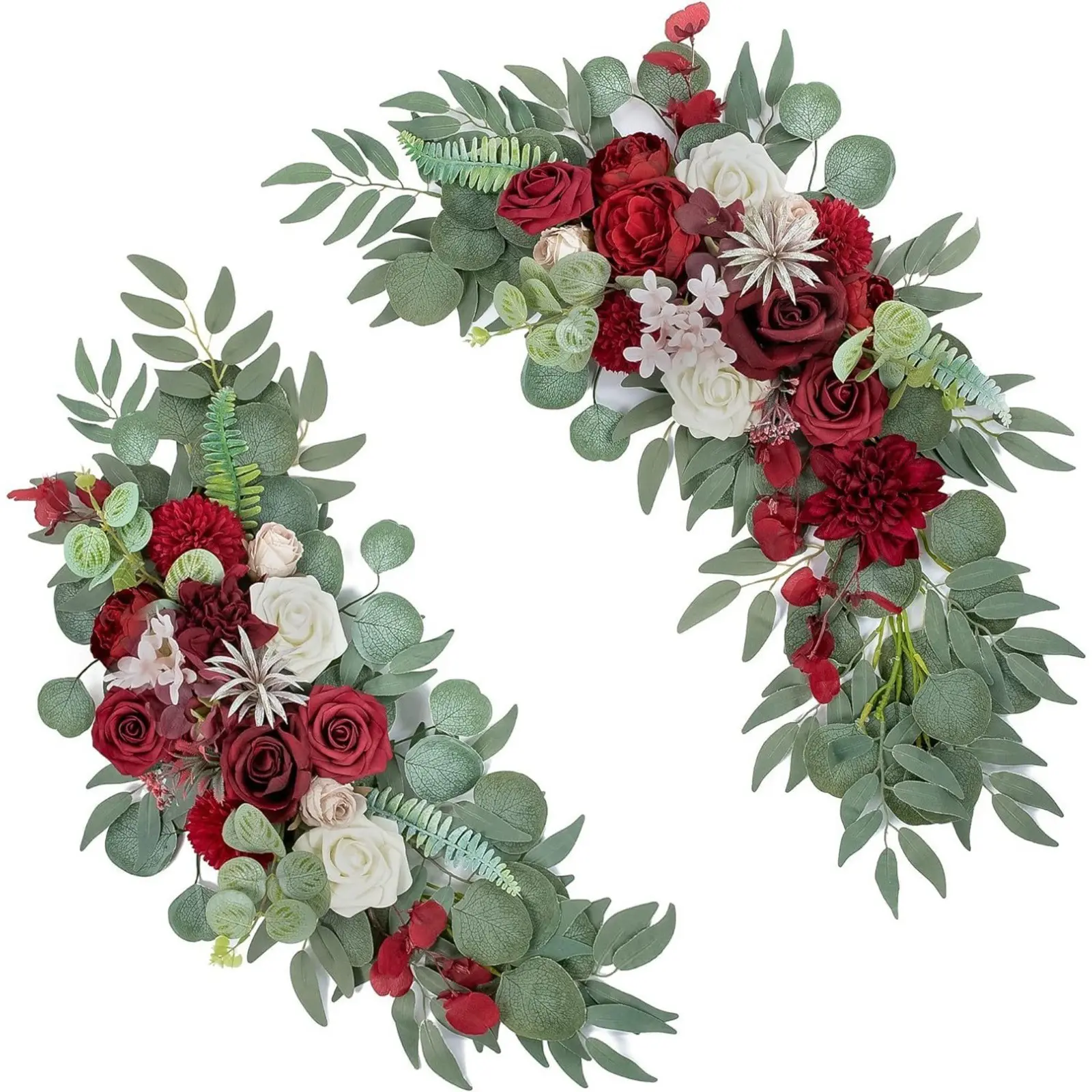2 PCS elegant burgundy artificial wedding flower arch floral decoration, featuring red dahlias, peonies, hydrangeas, and multicolored roses as the main flowers, paired with green vines. It is perfect for romantic wedding backgrounds and home decor