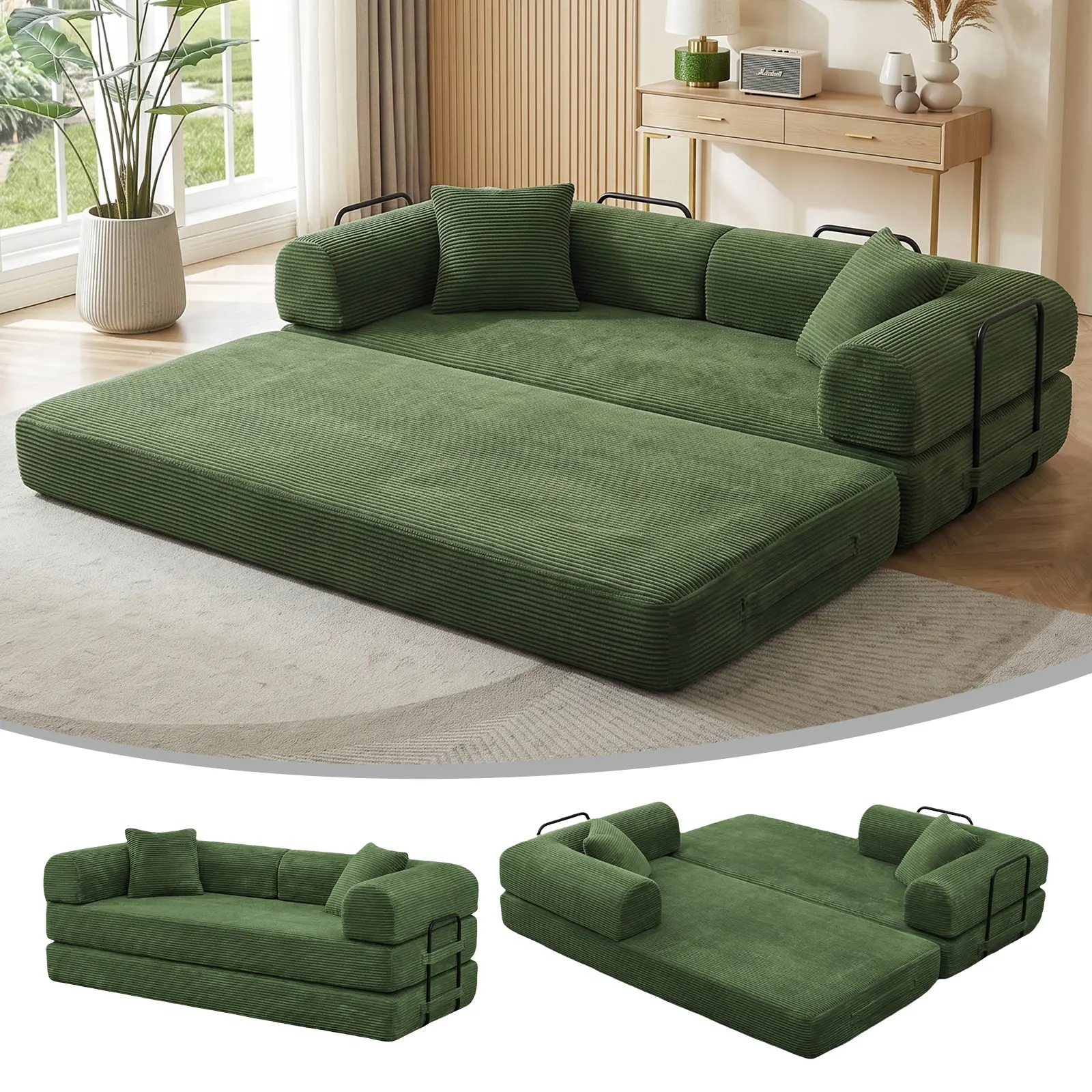 6-in-1 Convertible Sofa Bed, 79" Compressed Sofa, Corduroy Compression Boneless Couch in a Box, No Assembly Modular Foldable Floor Sleeper for Small Spaces Living Room Bedroom, Washable Cover