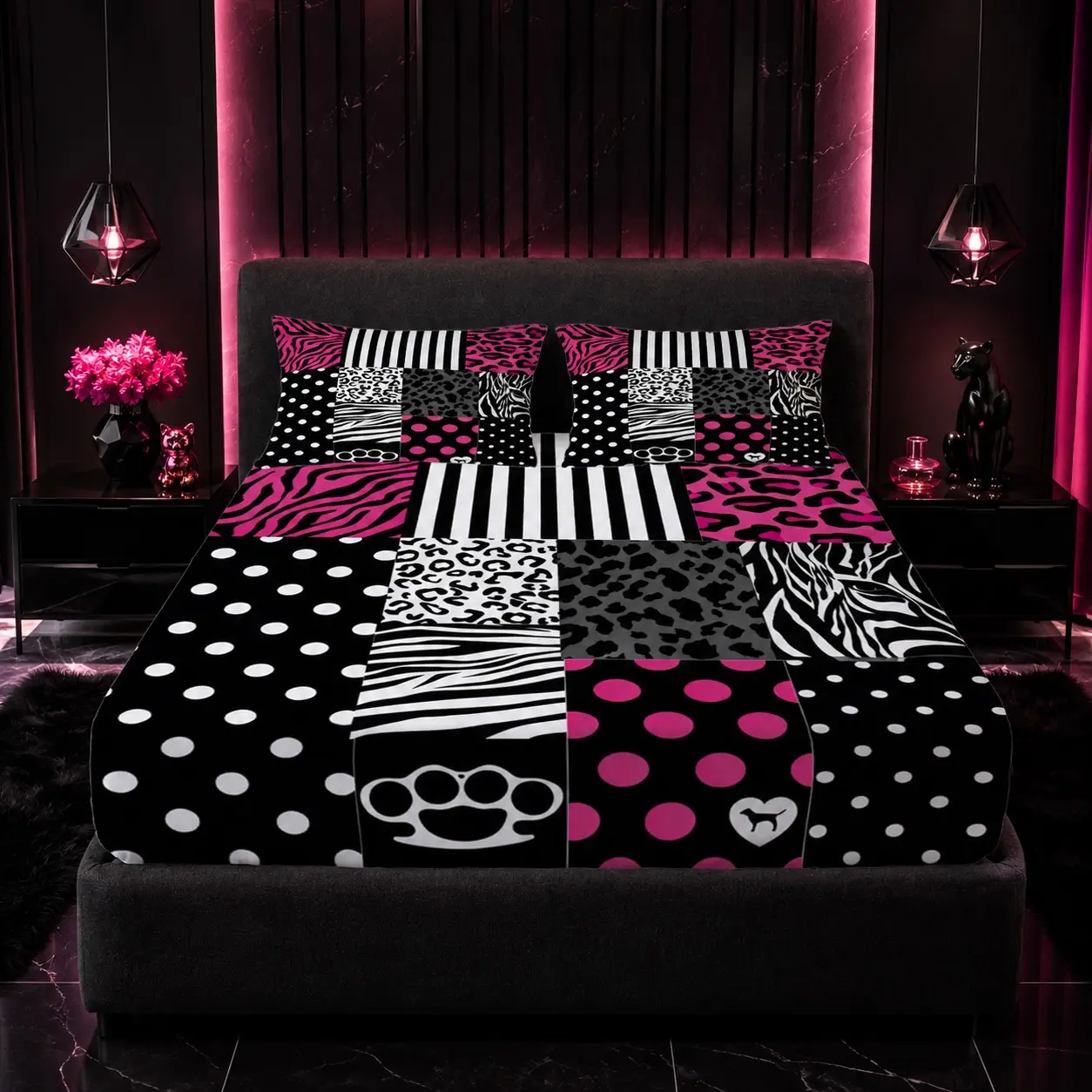 3-Piece Y2K Hot Pink Black Animal Print Patchwork Fitted Sheet Set (1 Fitted Sheet + 2 Pillowcases, No Inserts), Single-Side Printed Soft Breathable Bedding, Leopard Zebra Polka Dot Patchwork Bed Covers for Teen Girls Bedrooms and Holiday Gifting