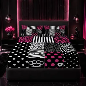3-Piece Y2K Hot Pink Black Animal Print Patchwork Fitted Sheet Set (1 Fitted Sheet + 2 Pillowcases, No Inserts), Single-Side Printed Soft Breathable Bedding, Leopard Zebra Polka Dot Patchwork Bed Covers for Teen Girls Bedrooms and Holiday Gifting