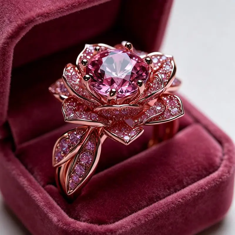 2026 New Women’s Adjustable Trendy Ring - 3D Rose Shape, Rose-Gold Tone, Paved Pink Crystal, 6-Prong Setting Simulated Moissanite, Luxury Hand Jewelry for Date Night Wear, Party Styling, Adjustable Trendy Rings