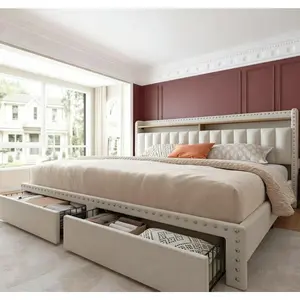 RaybeeFurniture Bed frame for Queen Bed Frame with Headboard&Storage,NO MATTRESS,  Luxury Upholstered Bed Frame with Storage, 2 Drawers & Shelf on Headboard, NO Noise, KING, FULL, Twin, Mother's Day Gifts