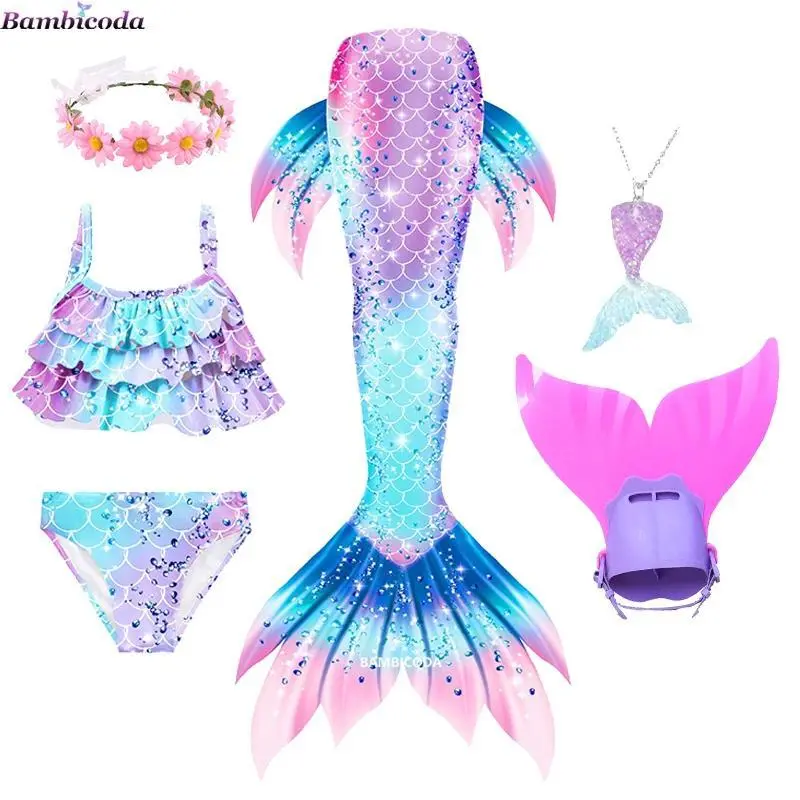 Girls' Beautiful Mermaid Tail Cosplay Costume Set - Swimming Monofin Flipper, Dress, Garland, 1 Necklace, Fantasy Bikini, Bra, Bikini Bottom, Shorts, Swimwalkable, for Beach Holiday, Size 10T(140)