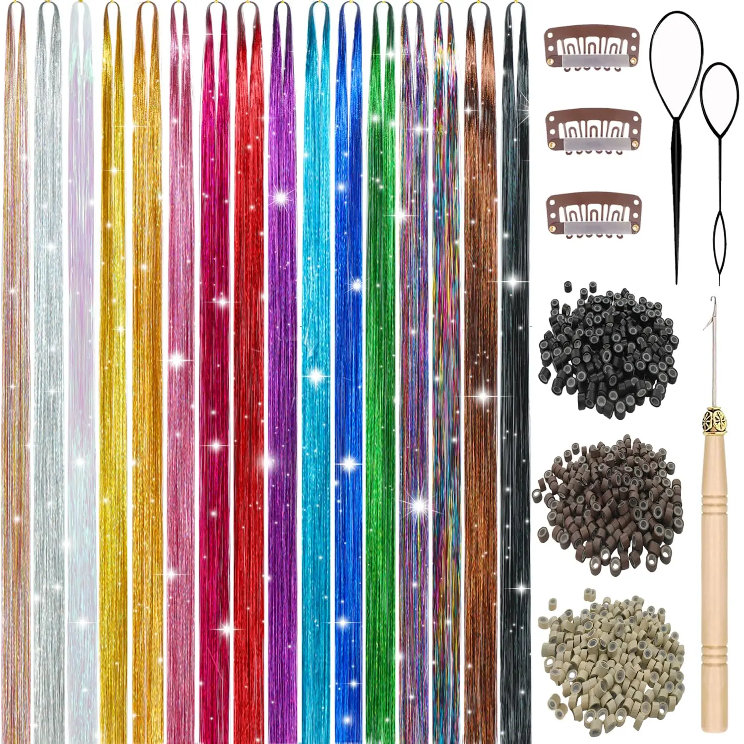 Hair Tinsel 7600 Strands 16 Colors Hair Tinsel Kit for Girls Women, Glitter Tinsel Hair Extensions Heat Resistant Colored Sparkly Fairy Hair Accessories for Halloween Party Festival
