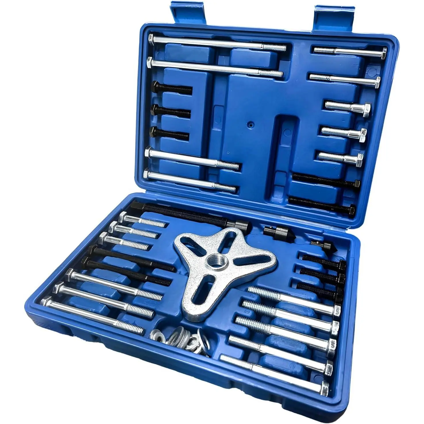 50PCS Harmonic Balancer Puller Tool Set - Multi-Size 4-Slot Design with Steering Wheel Flywheel Installer, Flange-Type Gear, Crankshaft Pulley Remover, 30 Bolts, Bolt Attach, Molded Body, Even Pressure, High Torque for Cars, Heavy Duty Vehicles