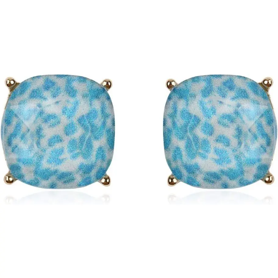 Faceted Jewel Statement Stud Earrings - Square Cushion Cut Sparkly Sequin Confetti Glitter, Opalescent  Leopard Print