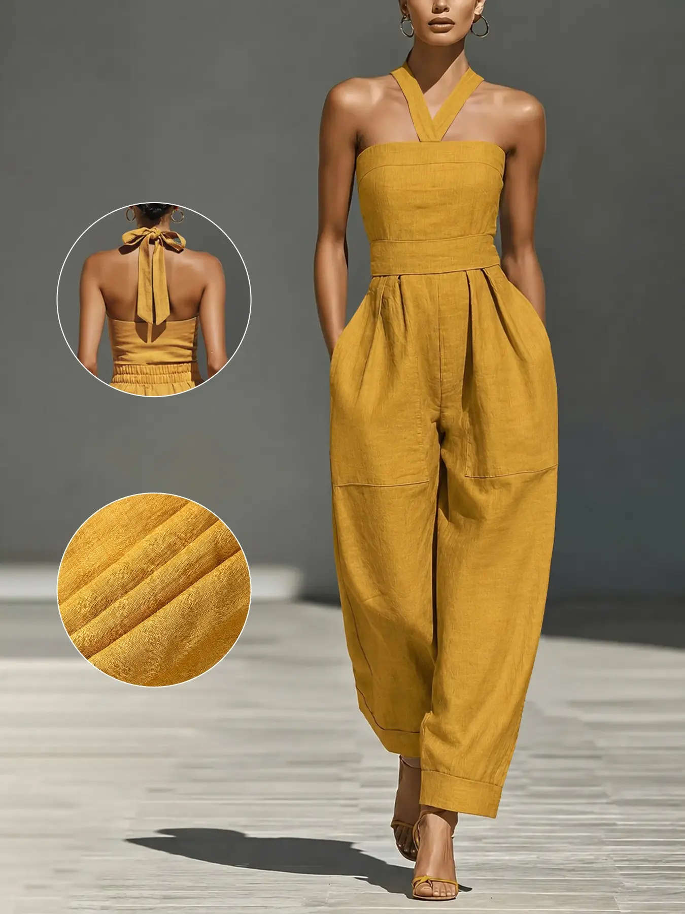 Women Halter Jumpsuit Summer Linen, Back Tie Wide Leg, Loose Fit with Pockets, Casual Home Loungewear, All Seasons Comfortable Wear
