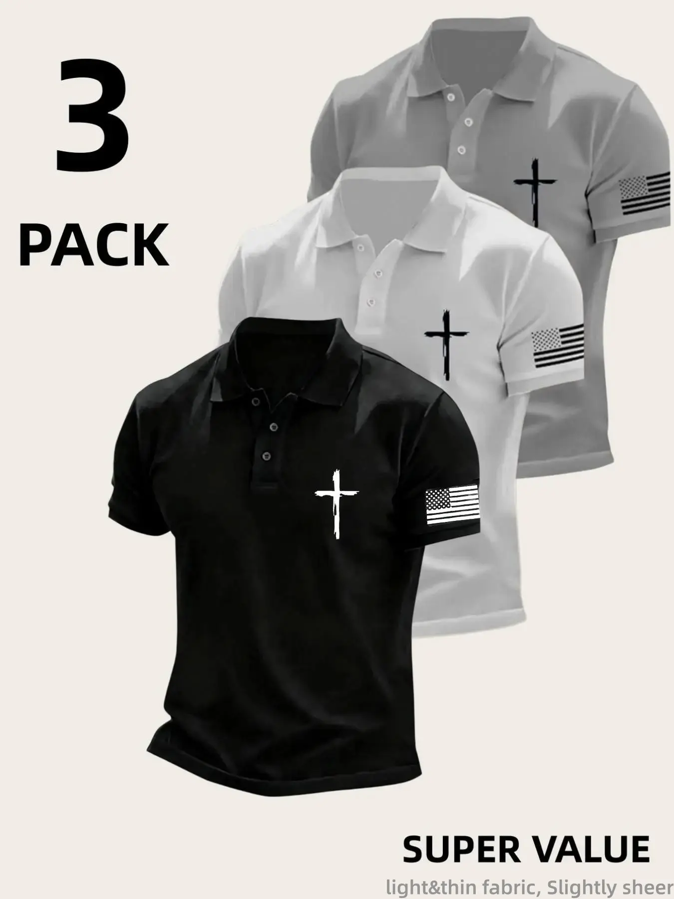 3 Pcs Breathable Quick-Dry Golf Polo Shirts, Outdoor Sportswear, Summer Lightweight Stretch Polyester Button Athletic Polo Top, Breathable Athletics for Office, Yacht and Daily Wear