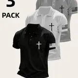 3 Pcs Breathable Quick-Dry Short Sleeved Golf Polo Shirts, Outdoor Sportswear, Summer Lightweight Stretch Activewear, Polyester Button Athletic Polo Top, Breathable Athletics for Office, Yacht and Daily Wear