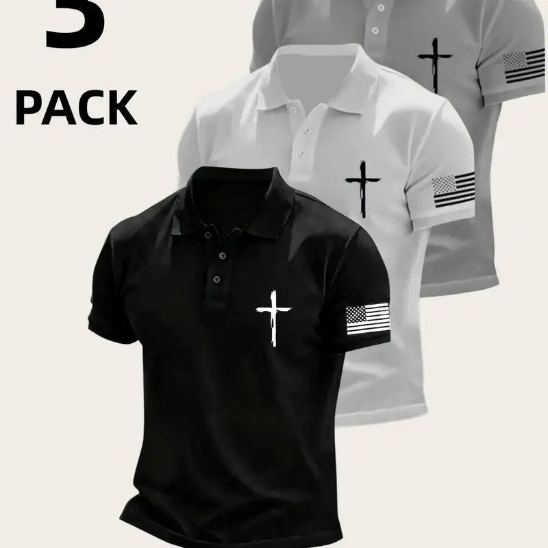 3 Pcs Breathable Quick-Dry Short Sleeved Golf Polo Shirts, Outdoor Sportswear, Summer Lightweight Stretch Activewear, Polyester Button Athletic Polo Top, Breathable Athletics for Office, Yacht and Daily Wear