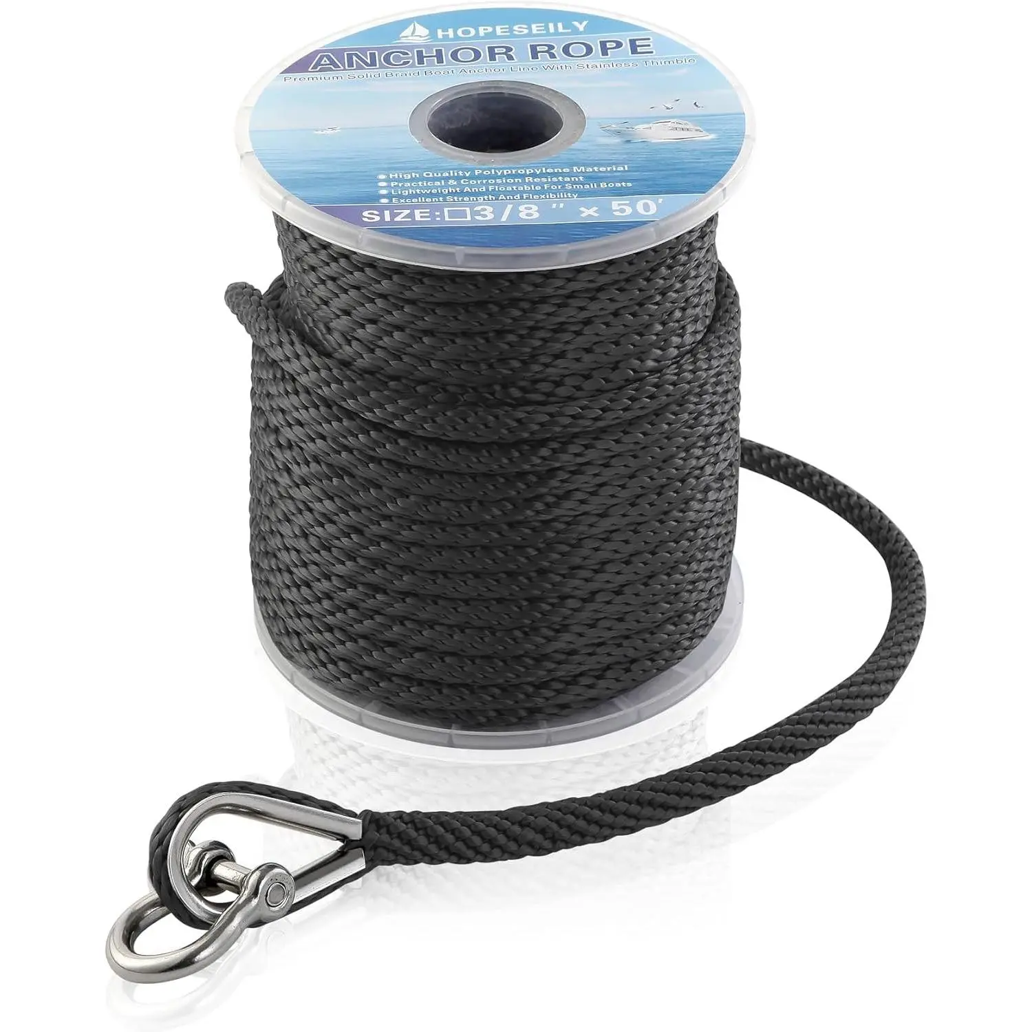 3/8 x 100FT Boat Anchor Rope Premium Solid Braid MFP Marine Line with Stainless Steel Thimble & Shackle for Boats Jet Ski Yacht Dock Heavy Duty Black