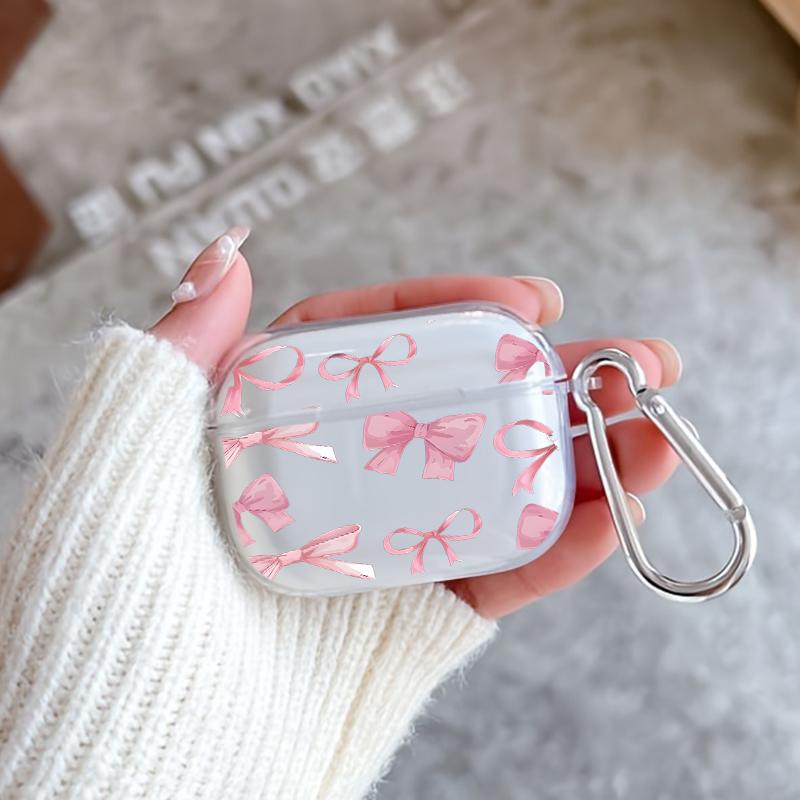 Pink Bow Delight Pattern Protective Case for AirPods 4/3/2/1/Pro/Pro2 Soft TPU Earphone Cover, Transparent with Keychain