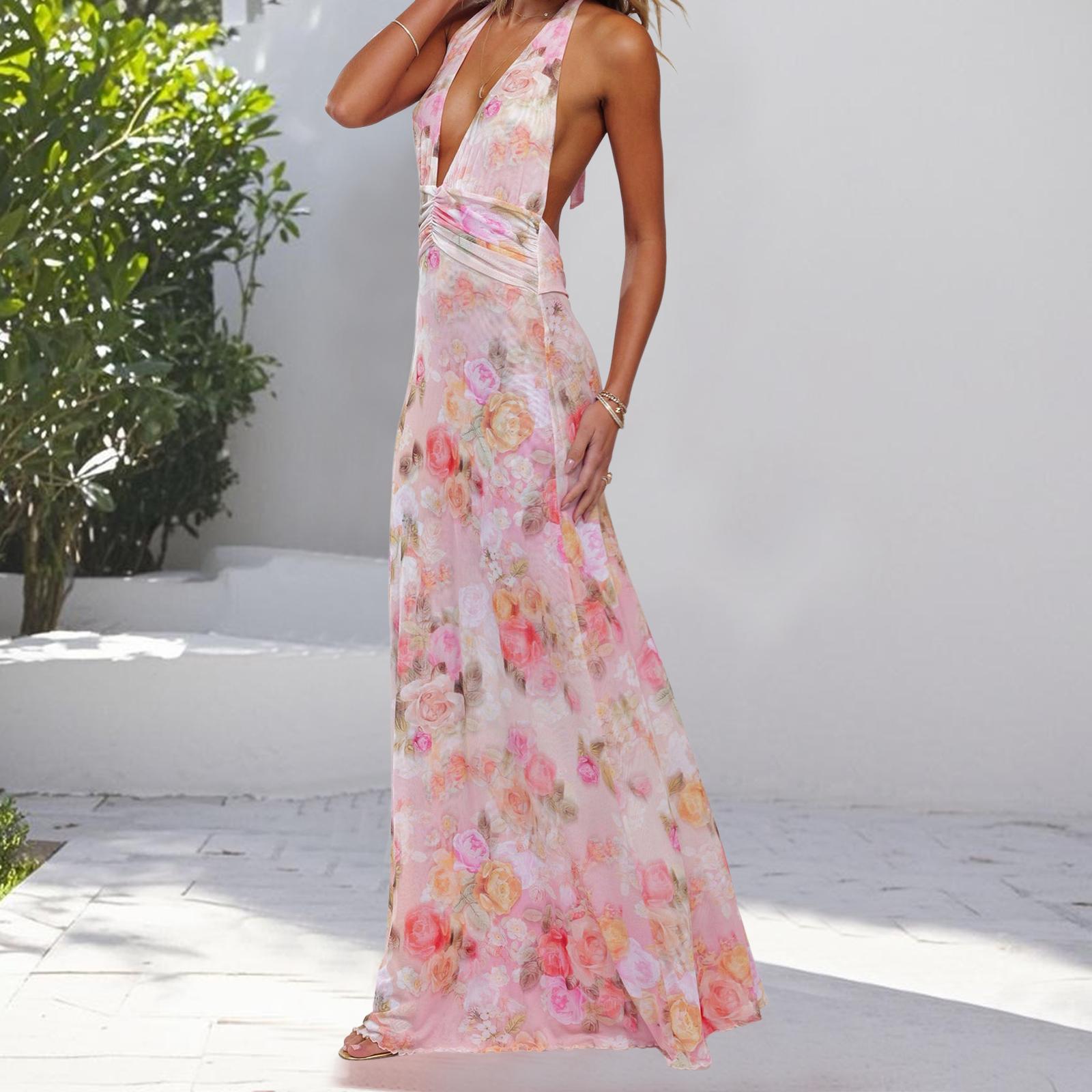Women Long Dress, Sleeveless Halter Dress Backless Flower/Dots Print Summer Cocktail Dress Casual Light sundress Cotton Candy Outfit Beach Outfits #TiktokShopBacktoSchool