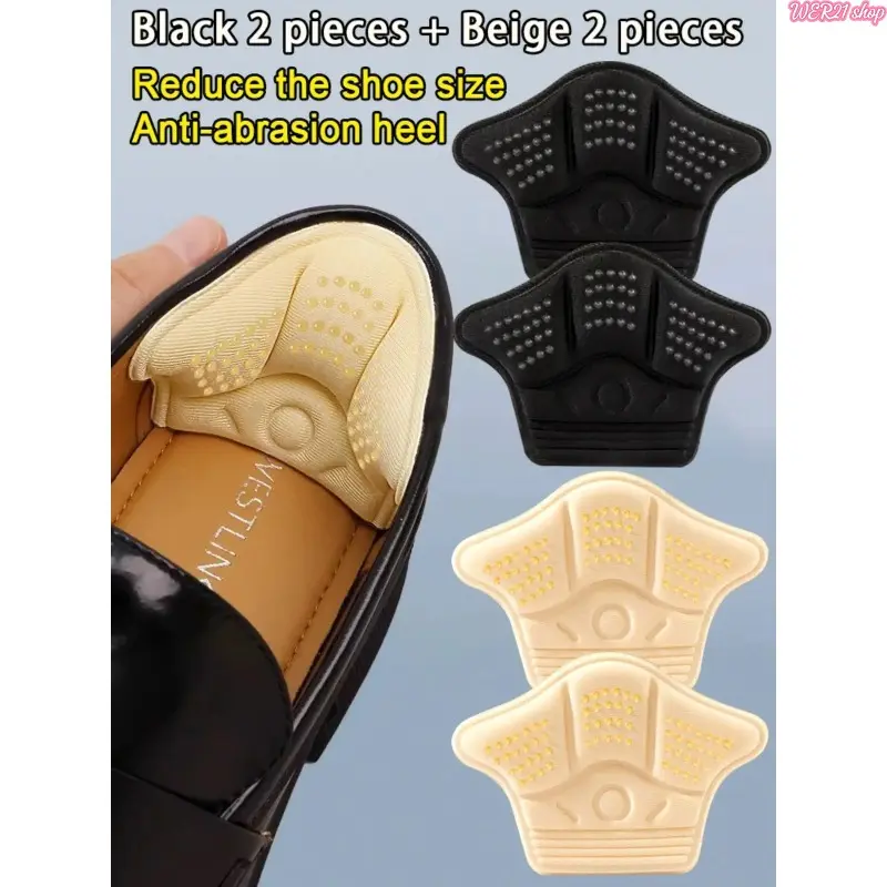 4 pieces of self-adhesive thick sponge insoles, anti-abrasion heel pads, suitable for large-sized shoes to adjust to smaller sizes, black/mustard color sports shoe protectors, casual shoe protective pads, Adhesive Inserts